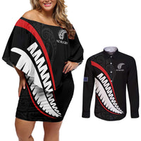 New Zealand Rugby Custom Couples Matching Off Shoulder Short Dress and Long Sleeve Button Shirt Sporty Silver Fern Shape with Maori Tattoos - Polynesian Pride