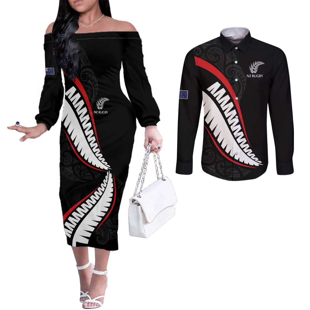 New Zealand Rugby Custom Couples Matching Off The Shoulder Long Sleeve Dress and Long Sleeve Button Shirt Sporty Silver Fern Shape with Maori Tattoos - Polynesian Pride