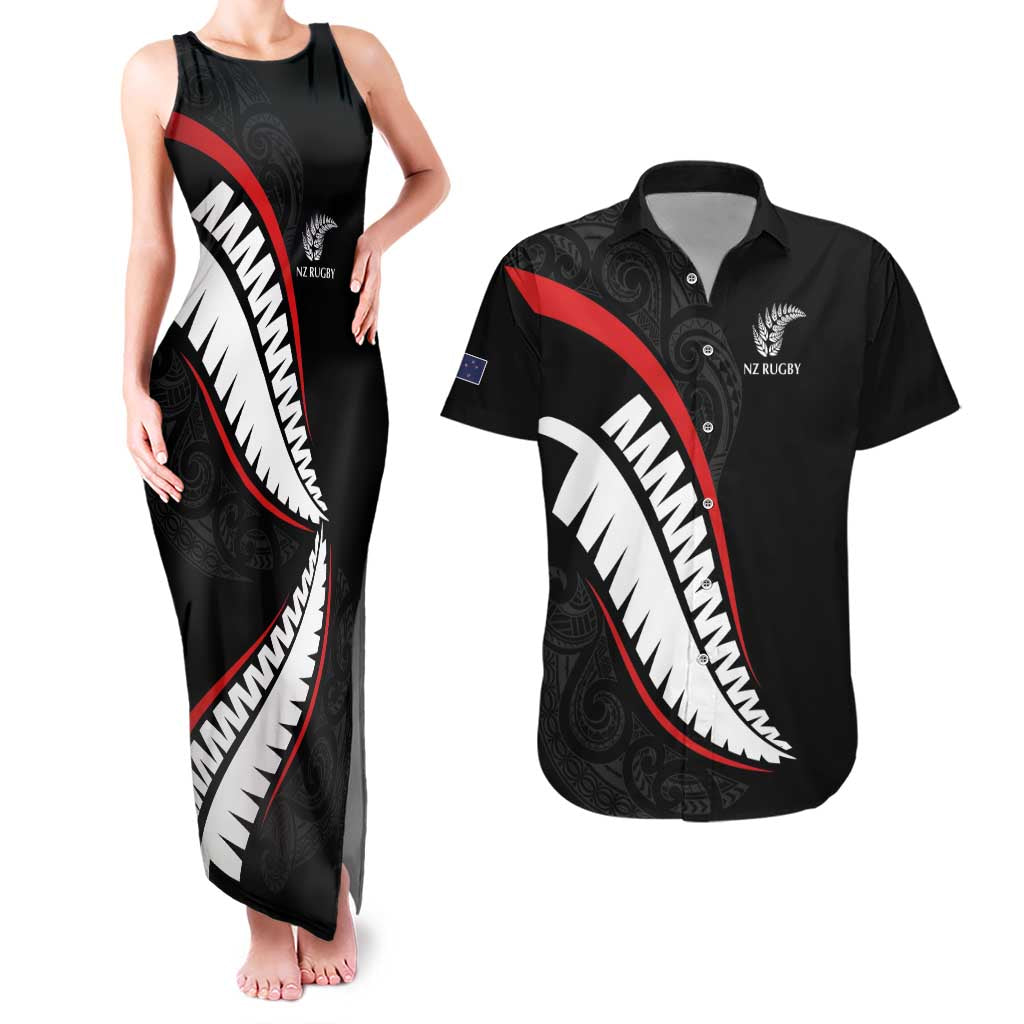 New Zealand Rugby Custom Couples Matching Tank Maxi Dress and Hawaiian Shirt Sporty Silver Fern Shape with Maori Tattoos - Polynesian Pride