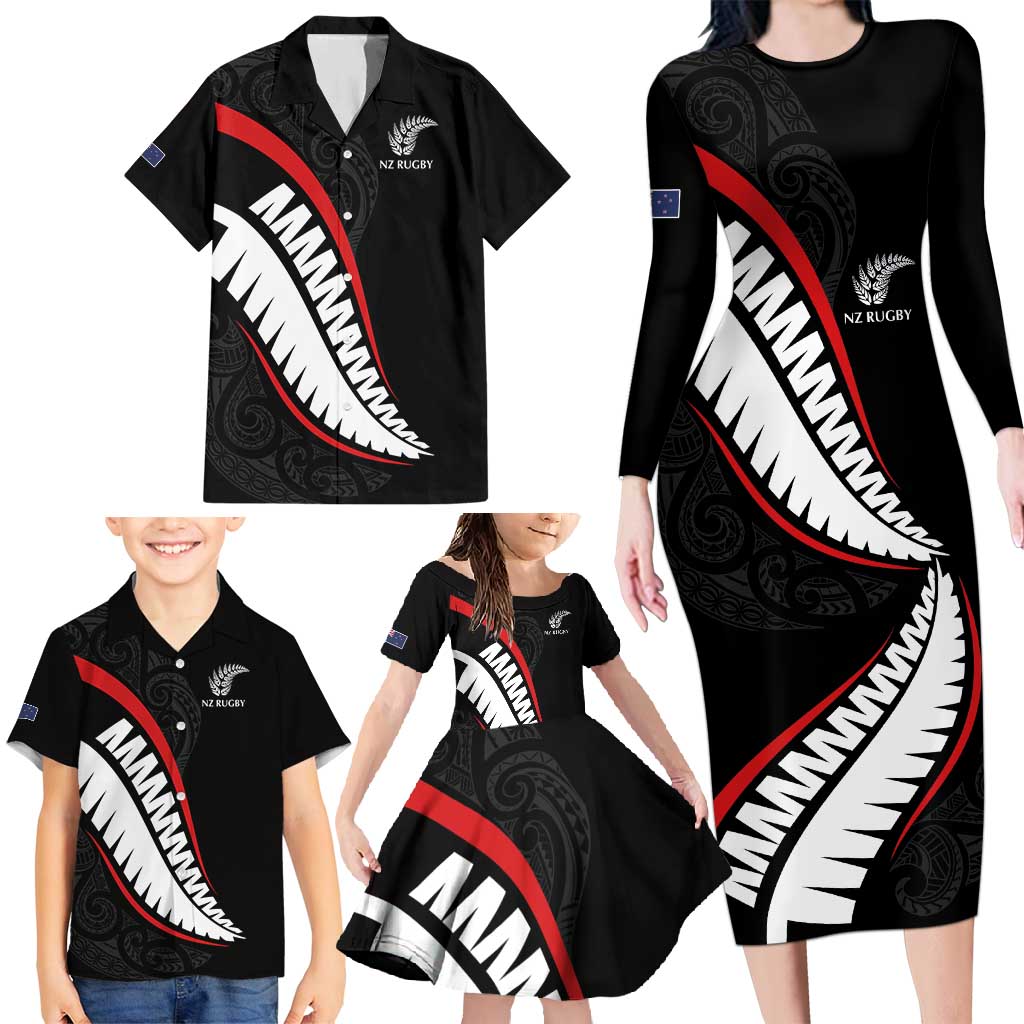 New Zealand Rugby Custom Family Matching Long Sleeve Bodycon Dress and Hawaiian Shirt Sporty Silver Fern Shape with Maori Tattoos - Polynesian Pride