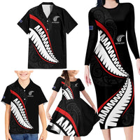 New Zealand Rugby Custom Family Matching Long Sleeve Bodycon Dress and Hawaiian Shirt Sporty Silver Fern Shape with Maori Tattoos - Polynesian Pride