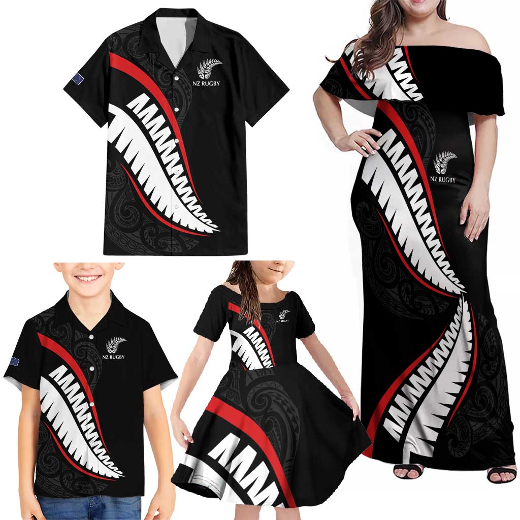 New Zealand Rugby Custom Family Matching Off Shoulder Maxi Dress and Hawaiian Shirt Sporty Silver Fern Shape with Maori Tattoos - Polynesian Pride