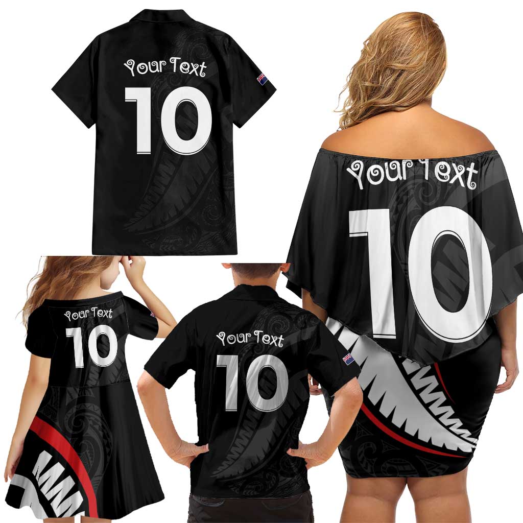 New Zealand Rugby Custom Family Matching Off Shoulder Short Dress and Hawaiian Shirt Sporty Silver Fern Shape with Maori Tattoos - Polynesian Pride