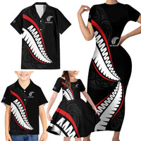 New Zealand Rugby Custom Family Matching Short Sleeve Bodycon Dress and Hawaiian Shirt Sporty Silver Fern Shape with Maori Tattoos - Polynesian Pride