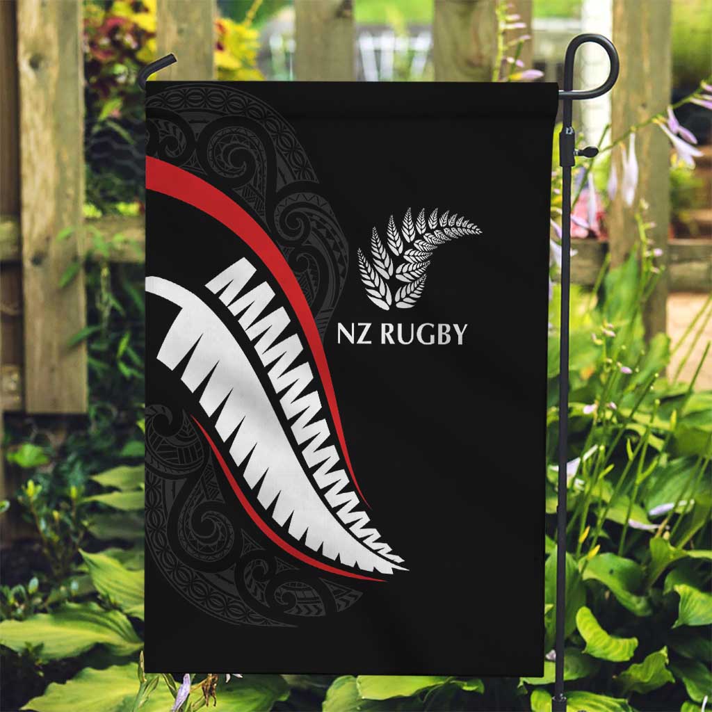 New Zealand Rugby Garden Flag Sporty Silver Fern Shape with Maori Tattoos - Polynesian Pride