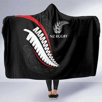 New Zealand Rugby Hooded Blanket Sporty Silver Fern Shape with Maori Tattoos - Polynesian Pride