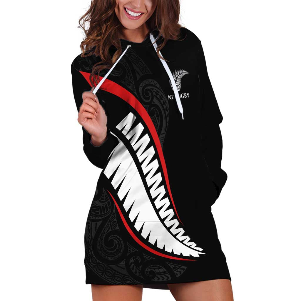 New Zealand Rugby Custom Hoodie Dress Sporty Silver Fern Shape with Maori Tattoos - Polynesian Pride