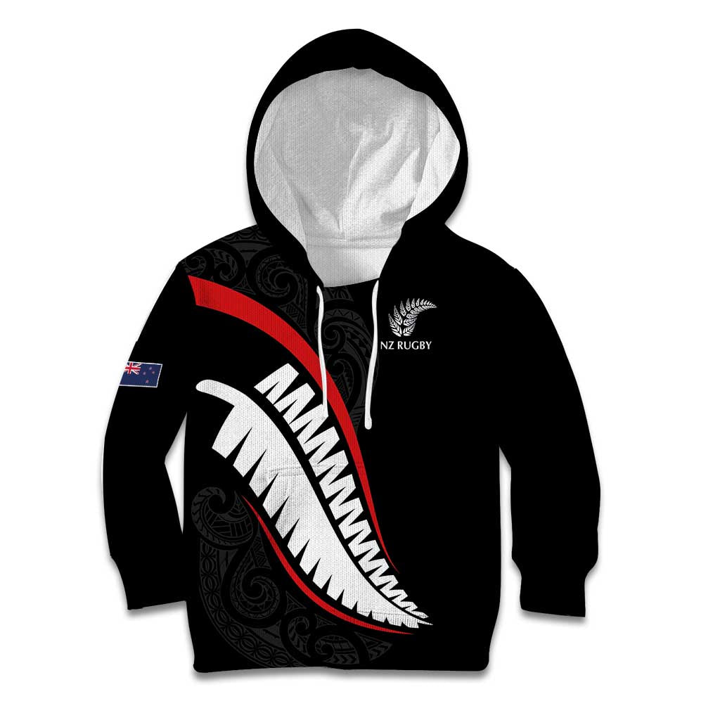 New Zealand Rugby Custom Kid Hoodie Sporty Silver Fern Shape with Maori Tattoos - Polynesian Pride