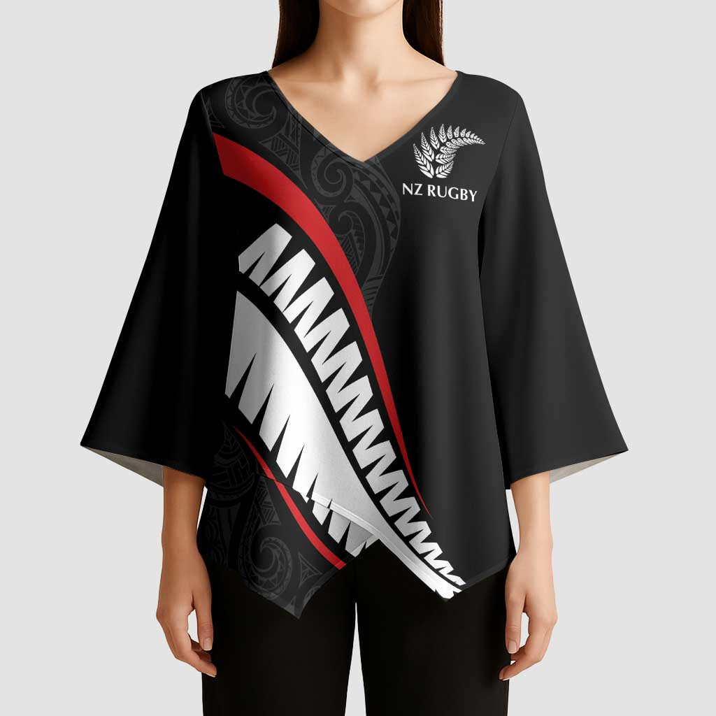 New Zealand Rugby Custom Kimono Sleeve Blouse Sporty Silver Fern Shape with Maori Tattoos - Polynesian Pride