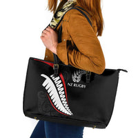 New Zealand Rugby Leather Tote Bag Sporty Silver Fern Shape with Maori Tattoos - Polynesian Pride