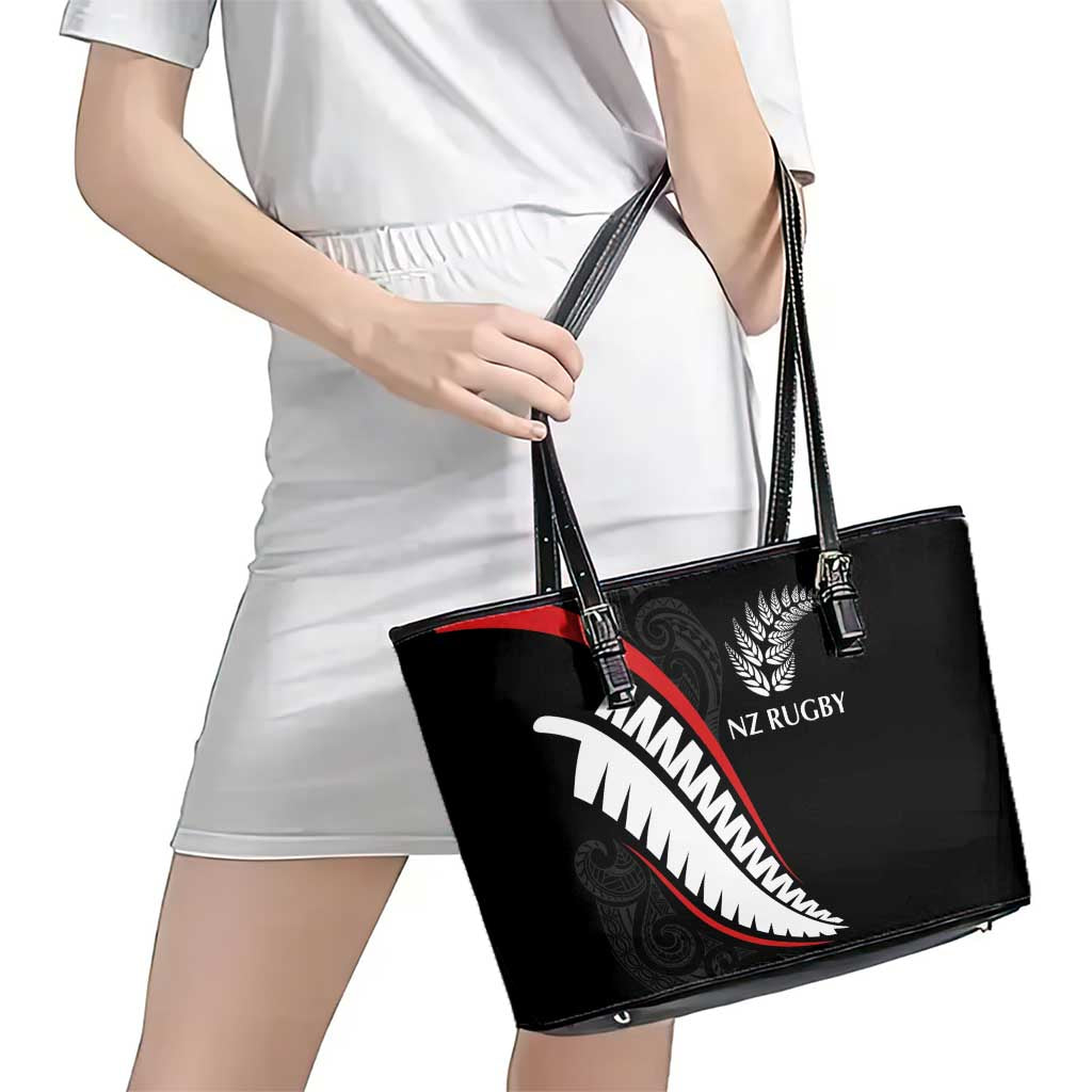 New Zealand Rugby Leather Tote Bag Sporty Silver Fern Shape with Maori Tattoos - Polynesian Pride