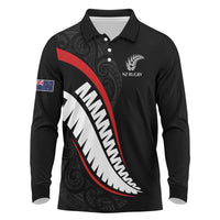New Zealand Rugby Custom Long Sleeve Polo Shirt Sporty Silver Fern Shape with Maori Tattoos - Polynesian Pride