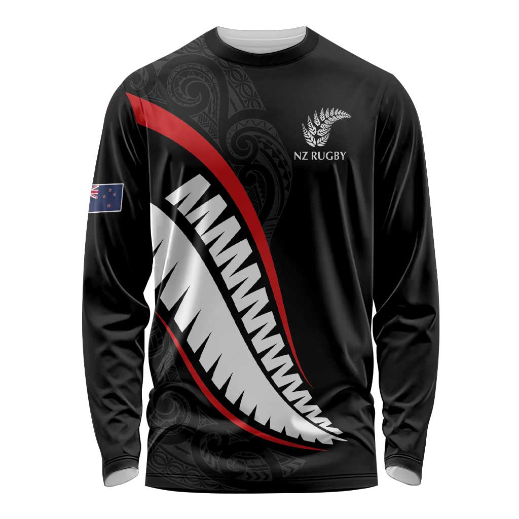 New Zealand Rugby Custom Long Sleeve Shirt Sporty Silver Fern Shape with Maori Tattoos - Polynesian Pride