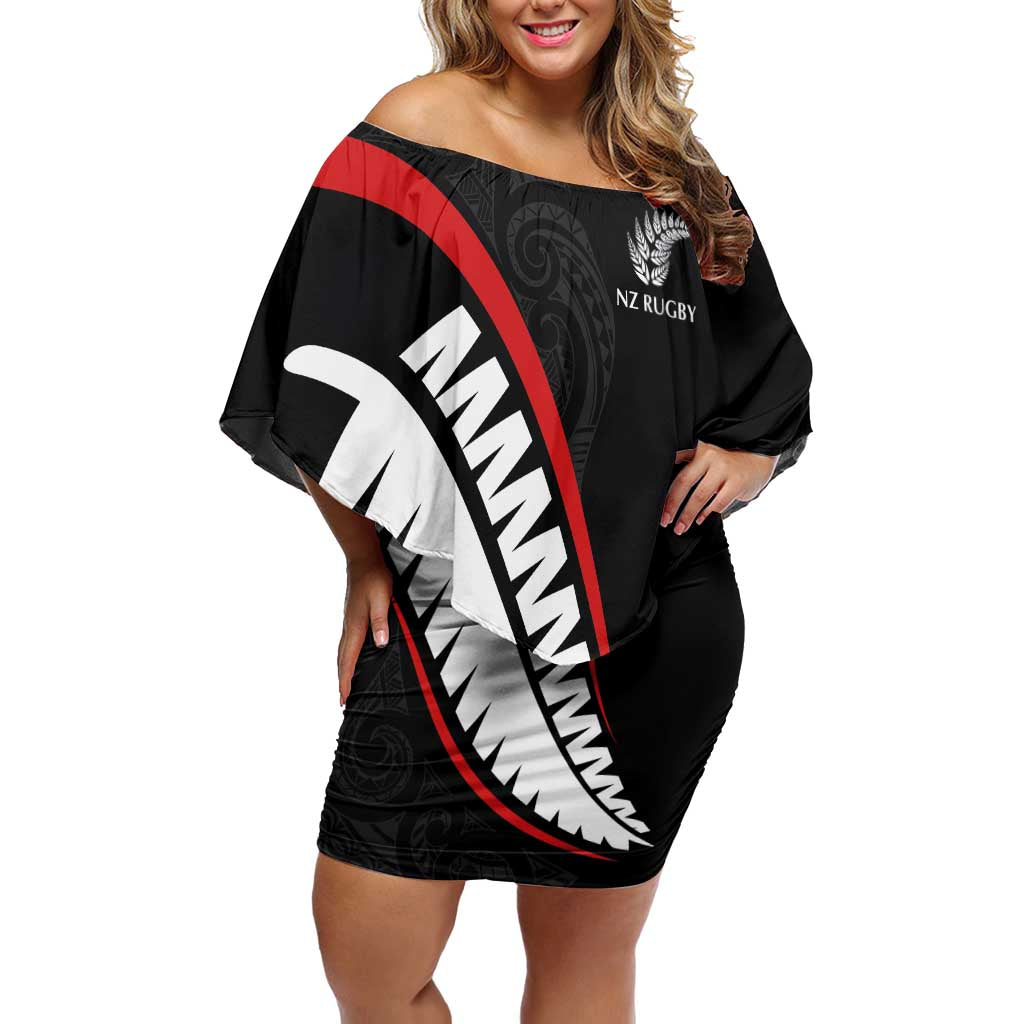 New Zealand Rugby Custom Off Shoulder Short Dress Sporty Silver Fern Shape with Maori Tattoos - Polynesian Pride