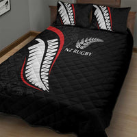 New Zealand Rugby Quilt Bed Set Sporty Silver Fern Shape with Maori Tattoos - Polynesian Pride