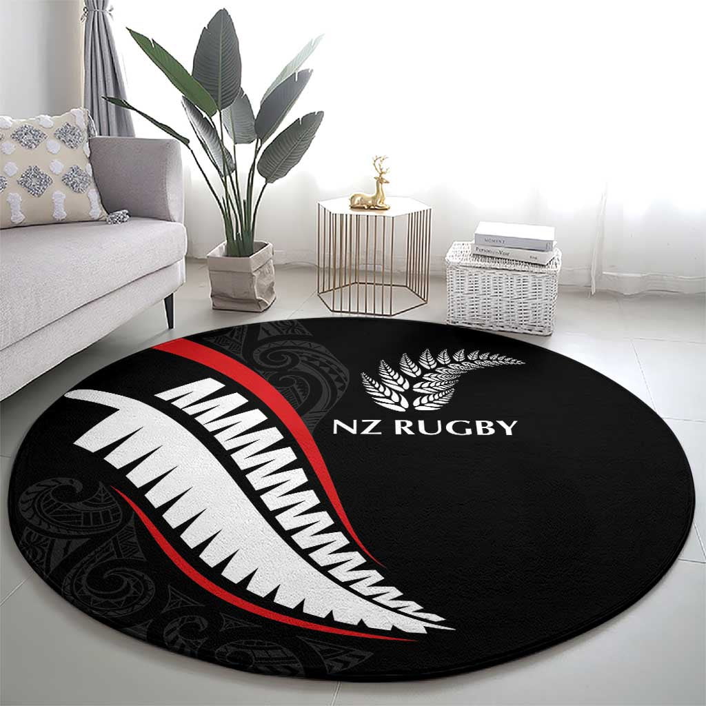 New Zealand Rugby Round Carpet Sporty Silver Fern Shape with Maori Tattoos - Polynesian Pride