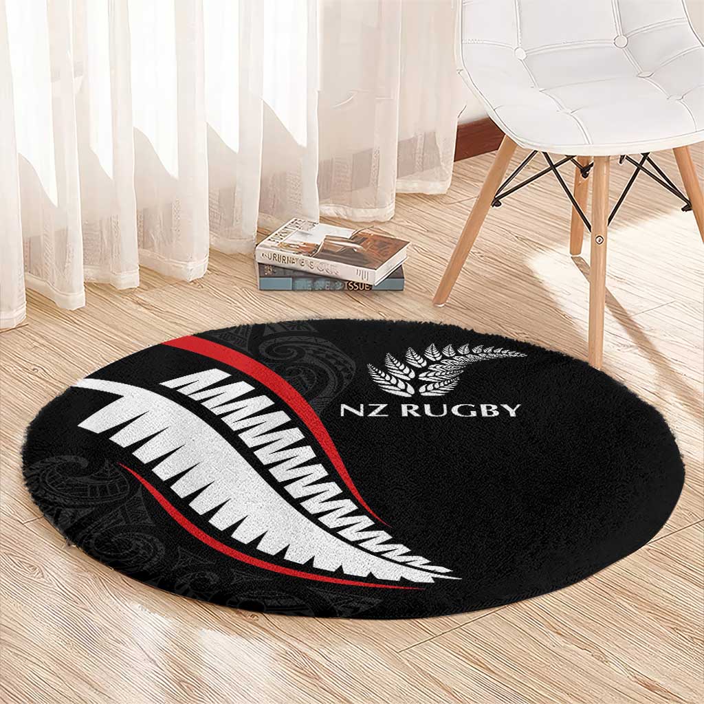 New Zealand Rugby Round Carpet Sporty Silver Fern Shape with Maori Tattoos - Polynesian Pride