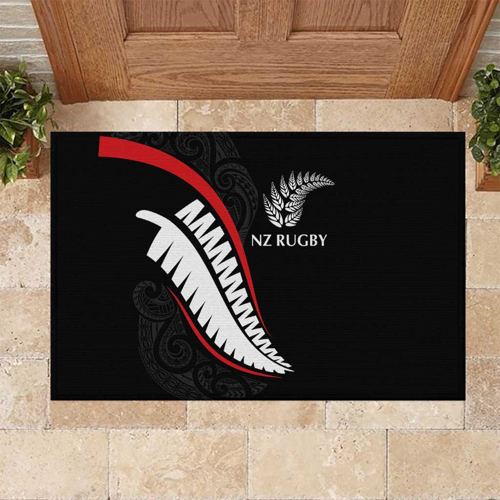 New Zealand Rugby Rubber Doormat Sporty Silver Fern Shape with Maori Tattoos - Polynesian Pride