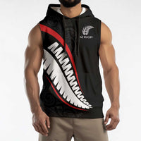 New Zealand Rugby Custom Sleeveless Hoodie Sporty Silver Fern Shape with Maori Tattoos - Polynesian Pride