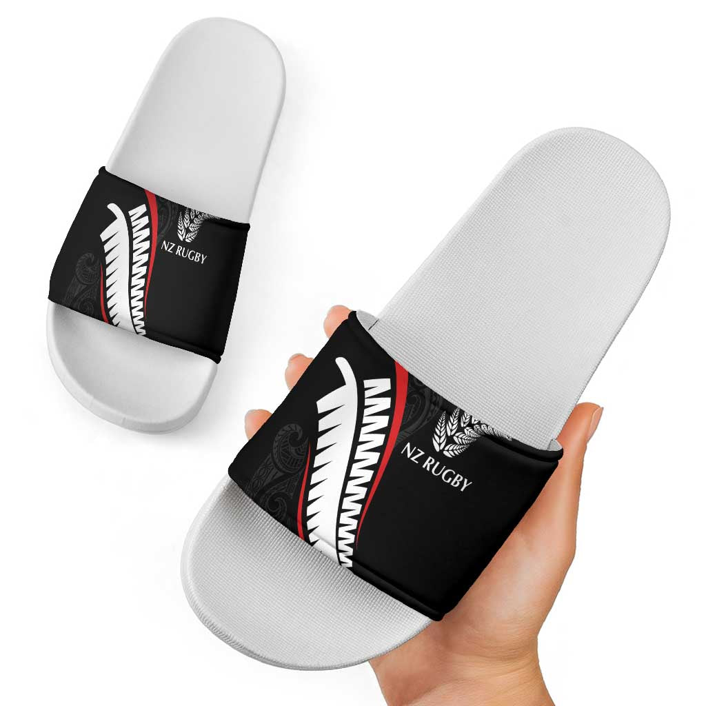 New Zealand Rugby Slide Sandals Sporty Silver Fern Shape with Maori Tattoos - Polynesian Pride