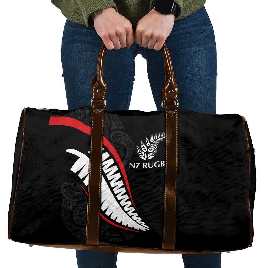 New Zealand Rugby Travel Bag Sporty Silver Fern Shape with Maori Tattoos - Polynesian Pride