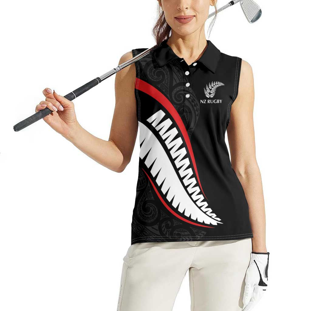 New Zealand Rugby Custom Women Sleeveless Polo Shirt Sporty Silver Fern Shape with Maori Tattoos - Polynesian Pride