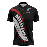 New Zealand Rugby Custom Zipper Polo Shirt Sporty Silver Fern Shape with Maori Tattoos - Polynesian Pride