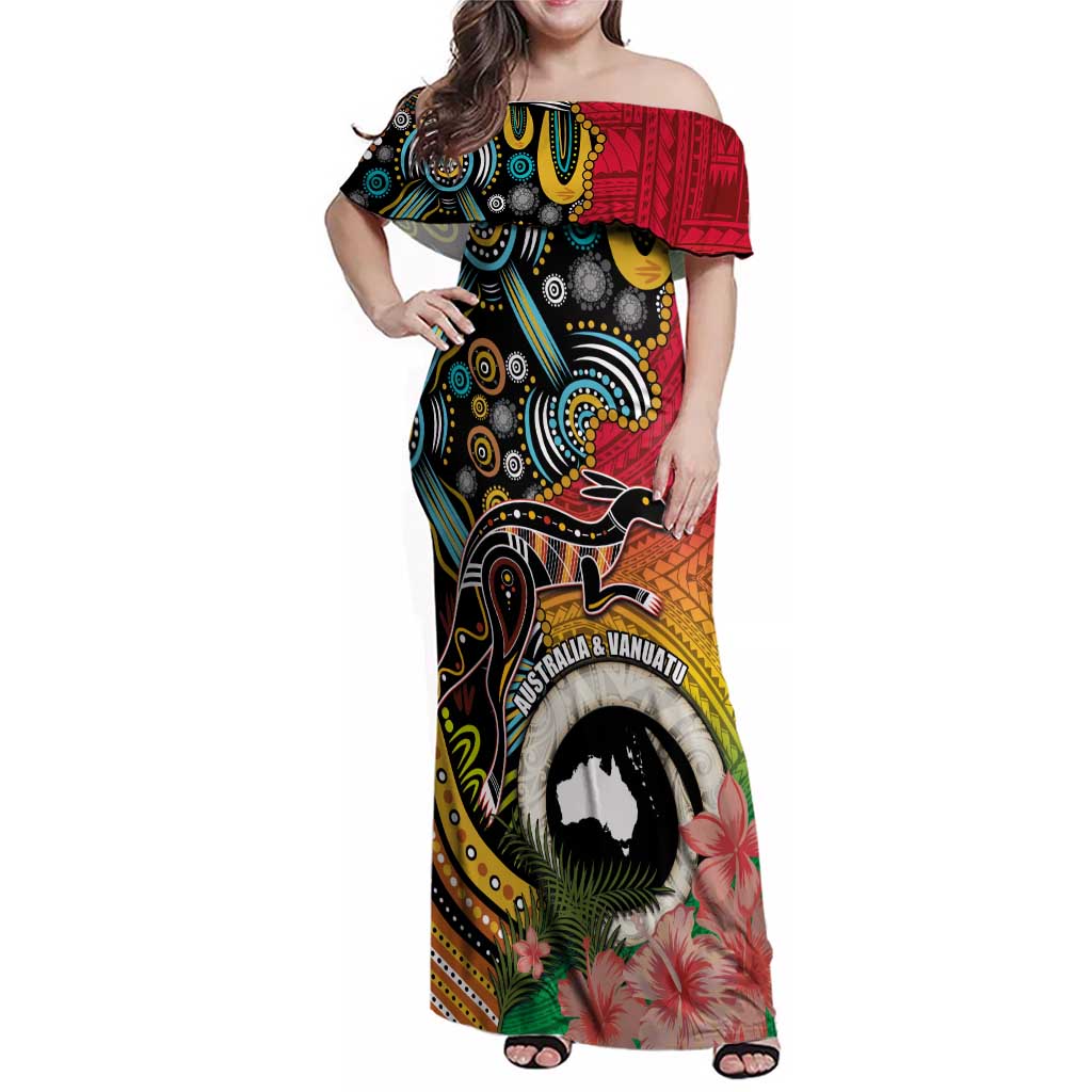Vanuatu and Australia Together Family Matching Off Shoulder Maxi Dress and Hawaiian Shirt Kangaroo with Pig Tusk Indigenous Pattern