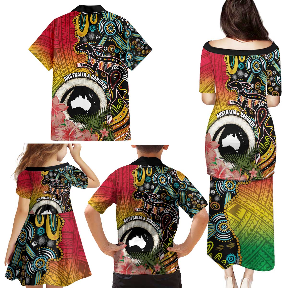 Vanuatu and Australia Together Family Matching Puletasi and Hawaiian Shirt Kangaroo with Pig Tusk Indigenous Pattern