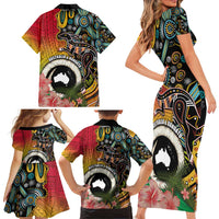 Vanuatu and Australia Together Family Matching Short Sleeve Bodycon Dress and Hawaiian Shirt Kangaroo with Pig Tusk Indigenous Pattern