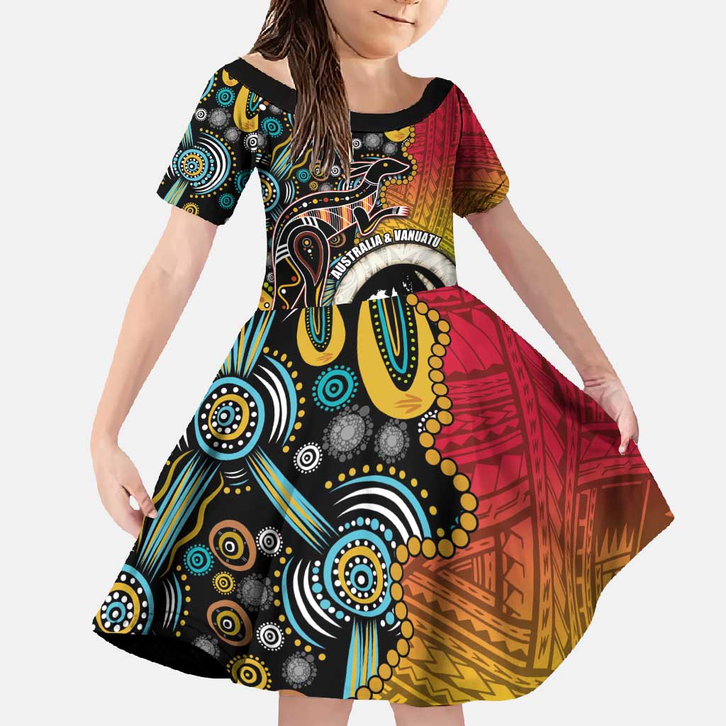 Vanuatu and Australia Together Family Matching Tank Maxi Dress and Hawaiian Shirt Kangaroo with Pig Tusk Indigenous Pattern LT03 Daughter's Dress Black - Polynesian Pride
