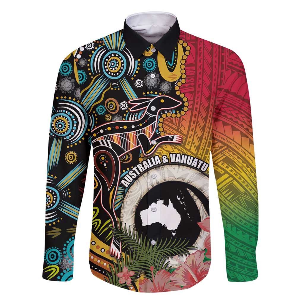 Vanuatu and Australia Together Family Matching Tank Maxi Dress and Hawaiian Shirt Kangaroo with Pig Tusk Indigenous Pattern LT03 Dad's Shirt - Long Sleeve Black - Polynesian Pride
