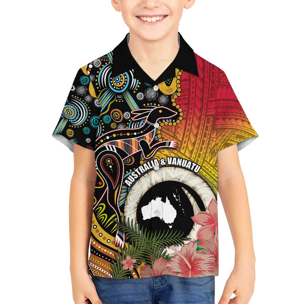 Vanuatu and Australia Together Family Matching Tank Maxi Dress and Hawaiian Shirt Kangaroo with Pig Tusk Indigenous Pattern LT03 Son's Shirt Black - Polynesian Pride
