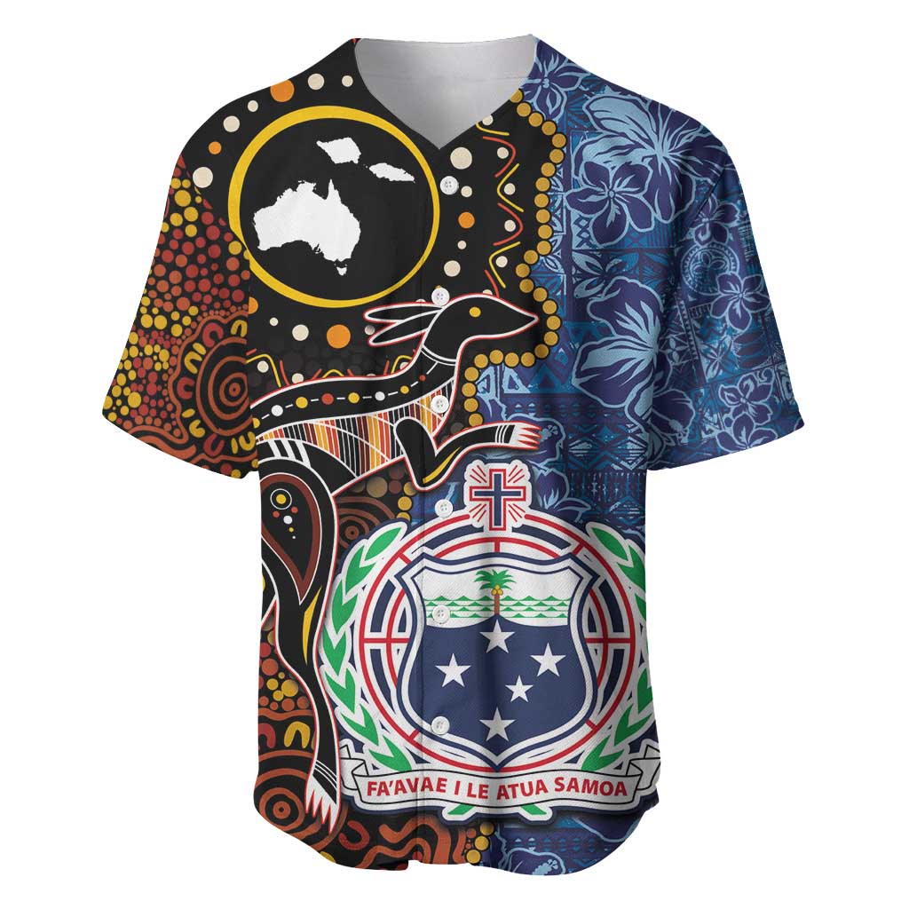 Samoa and Australia Together Baseball Jersey Kangaroo and Tribal Hibiscus Aboriginal Pattern LT03 Blue - Polynesian Pride