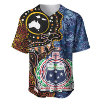 Samoa and Australia Together Baseball Jersey Kangaroo and Tribal Hibiscus Aboriginal Pattern LT03 Blue - Polynesian Pride