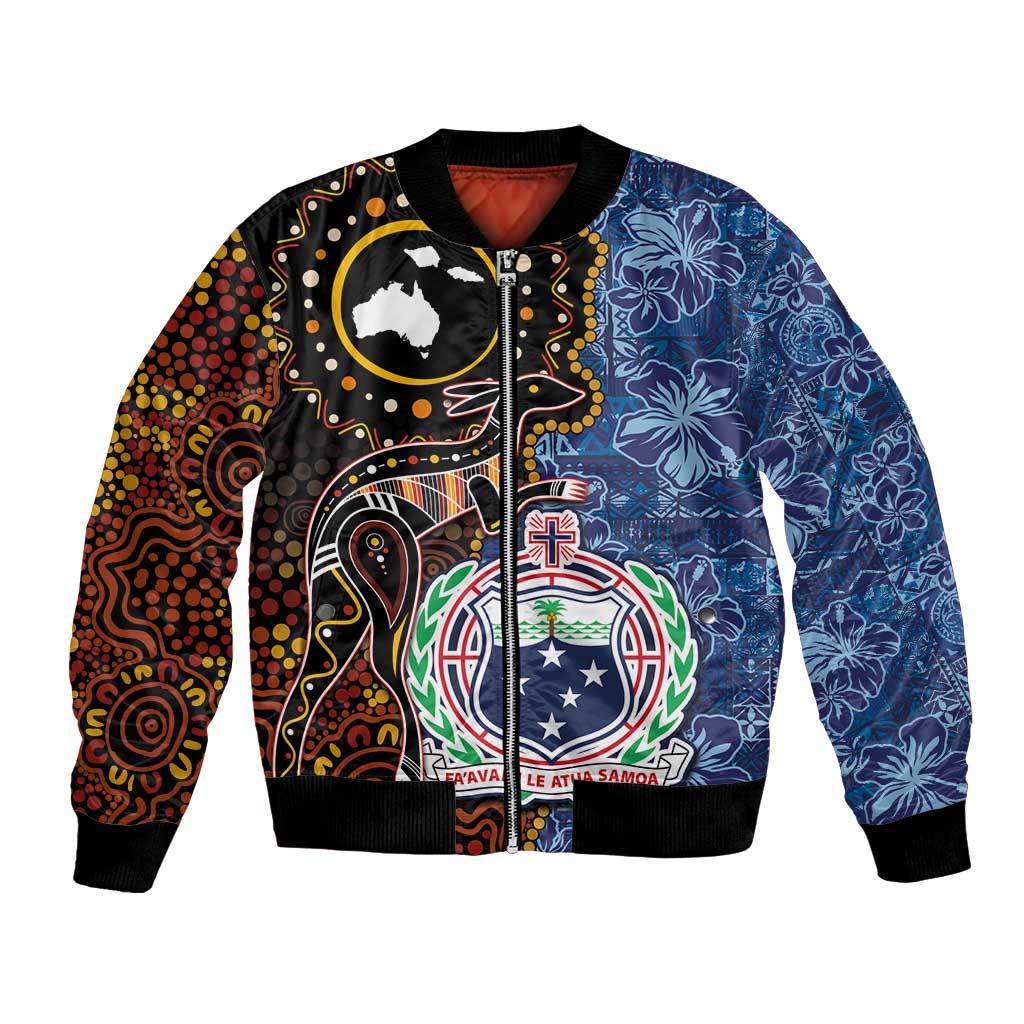 Samoa and Australia Together Bomber Jacket Kangaroo and Tribal Hibiscus Aboriginal Pattern LT03 Unisex Blue - Polynesian Pride