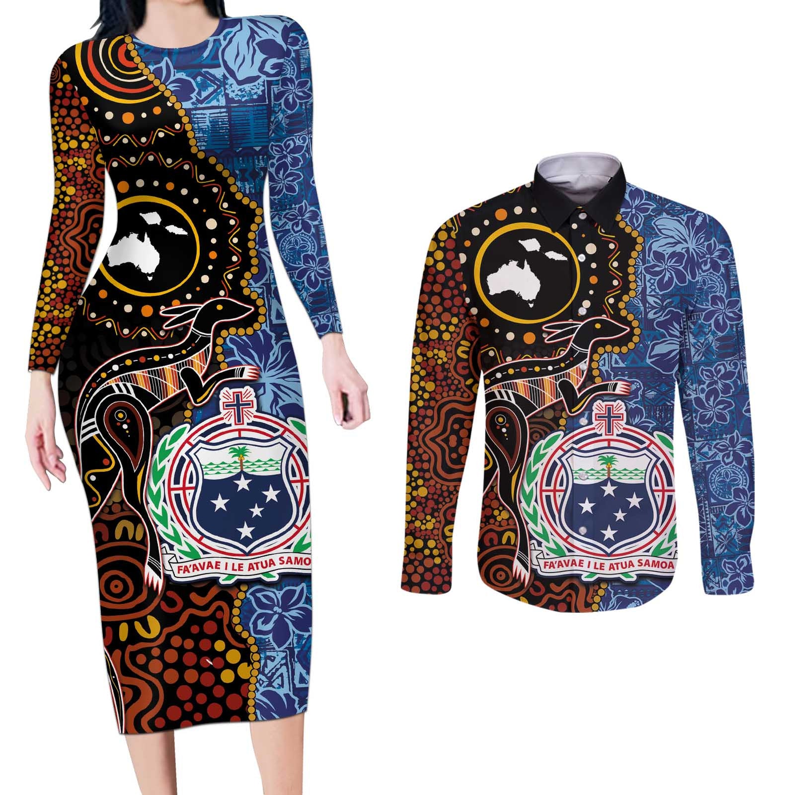 Samoa and Australia Together Couples Matching Long Sleeve Bodycon Dress and Long Sleeve Button Shirt Kangaroo and Tribal Hibiscus Aboriginal Pattern LT03 Blue - Polynesian Pride