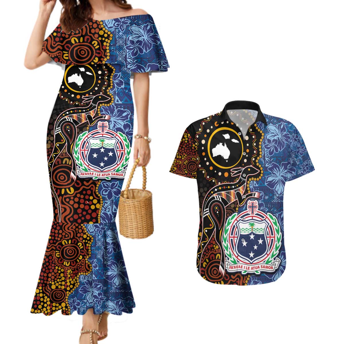 Samoa and Australia Together Couples Matching Mermaid Dress and Hawaiian Shirt Kangaroo and Tribal Hibiscus Aboriginal Pattern LT03 Blue - Polynesian Pride