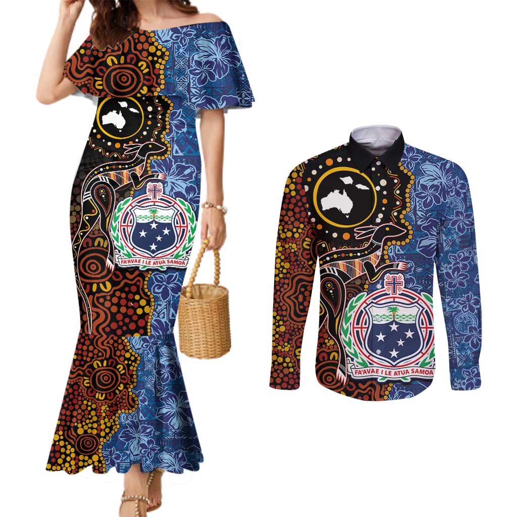 Samoa and Australia Together Couples Matching Mermaid Dress and Long Sleeve Button Shirt Kangaroo and Tribal Hibiscus Aboriginal Pattern LT03 Blue - Polynesian Pride