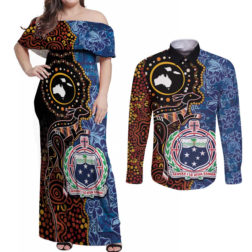 Samoa and Australia Together Couples Matching Off Shoulder Maxi Dress and Long Sleeve Button Shirt Kangaroo and Tribal Hibiscus Aboriginal Pattern LT03 Blue - Polynesian Pride