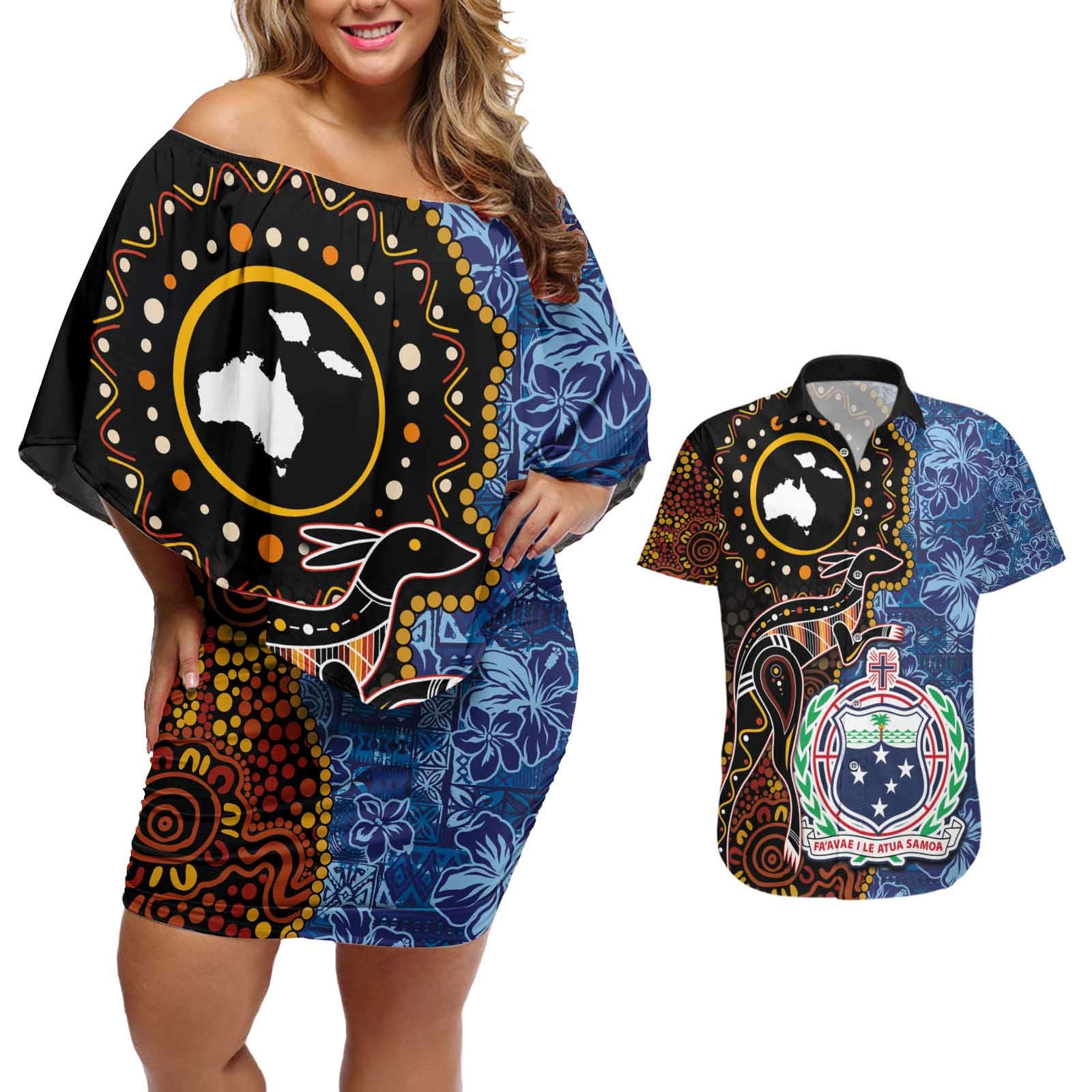 Samoa and Australia Together Couples Matching Off Shoulder Short Dress and Hawaiian Shirt Kangaroo and Tribal Hibiscus Aboriginal Pattern LT03 Blue - Polynesian Pride