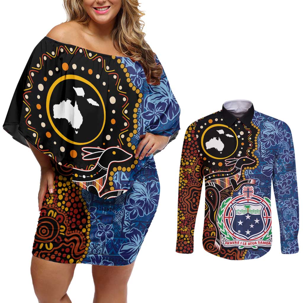 Samoa and Australia Together Couples Matching Off Shoulder Short Dress and Long Sleeve Button Shirt Kangaroo and Tribal Hibiscus Aboriginal Pattern LT03 Blue - Polynesian Pride