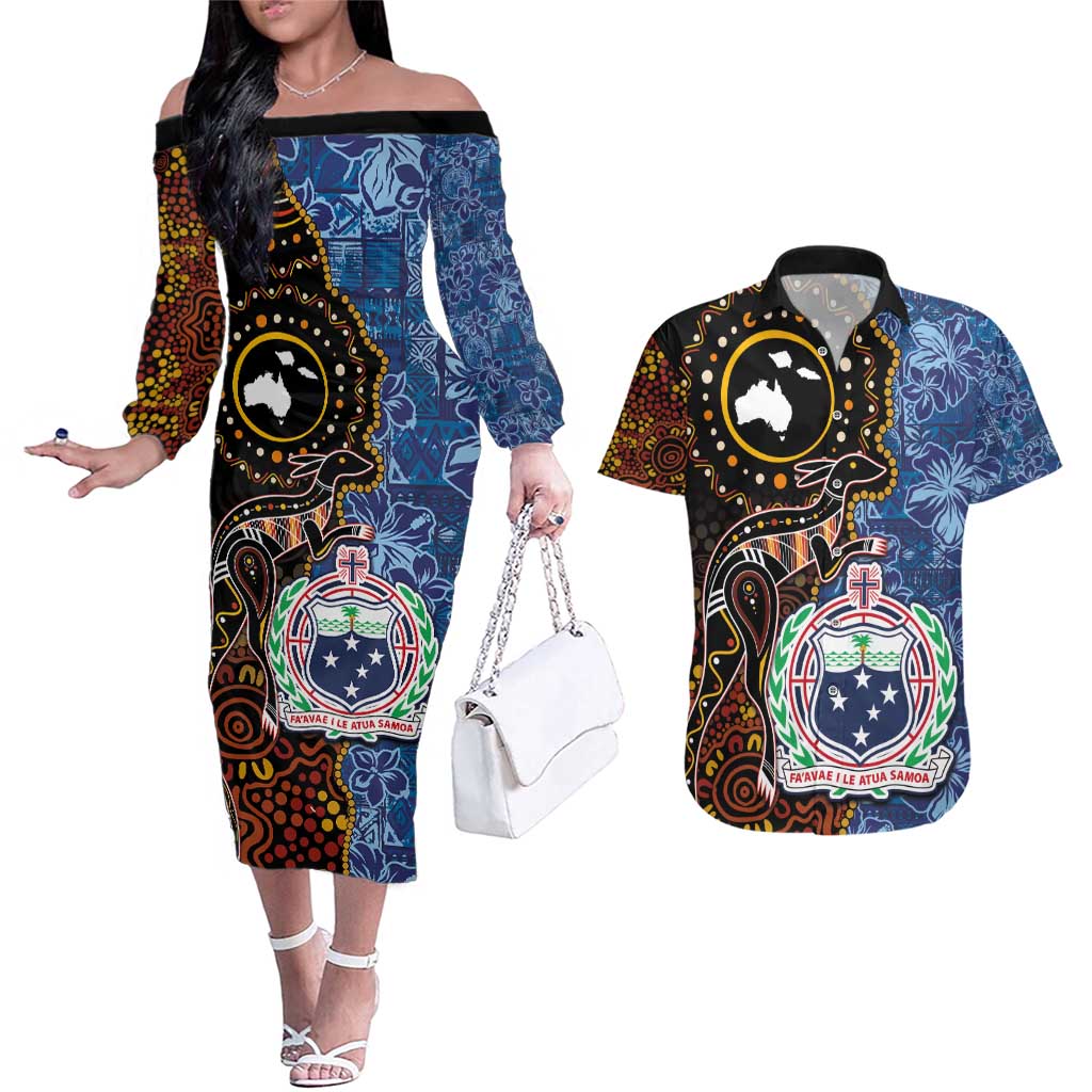 Samoa and Australia Together Couples Matching Off The Shoulder Long Sleeve Dress and Hawaiian Shirt Kangaroo and Tribal Hibiscus Aboriginal Pattern LT03 Blue - Polynesian Pride
