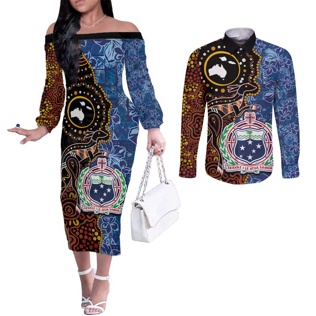 Samoa and Australia Together Couples Matching Off The Shoulder Long Sleeve Dress and Long Sleeve Button Shirt Kangaroo and Tribal Hibiscus Aboriginal Pattern LT03 Blue - Polynesian Pride