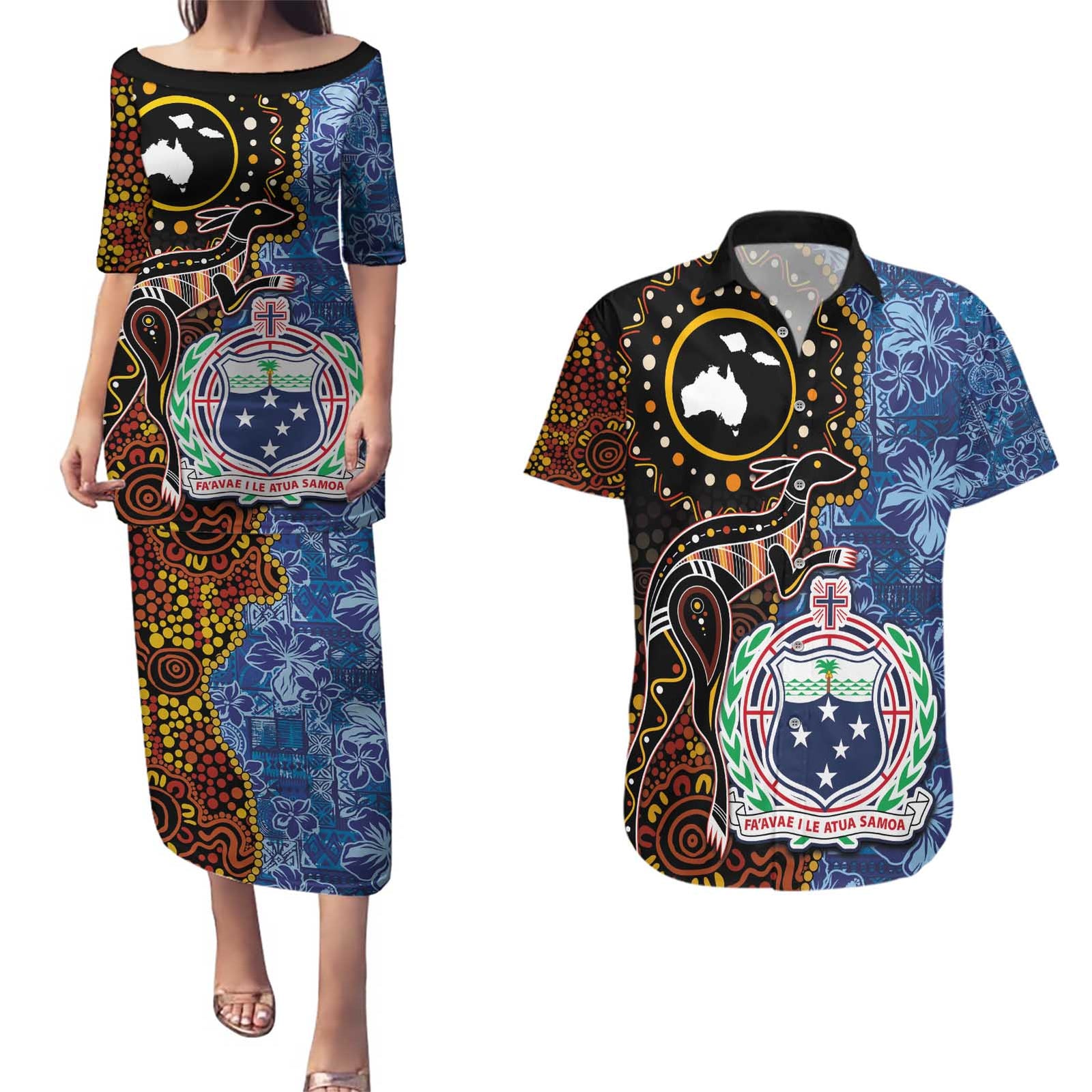 Samoa and Australia Together Couples Matching Puletasi and Hawaiian Shirt Kangaroo and Tribal Hibiscus Aboriginal Pattern LT03 Blue - Polynesian Pride