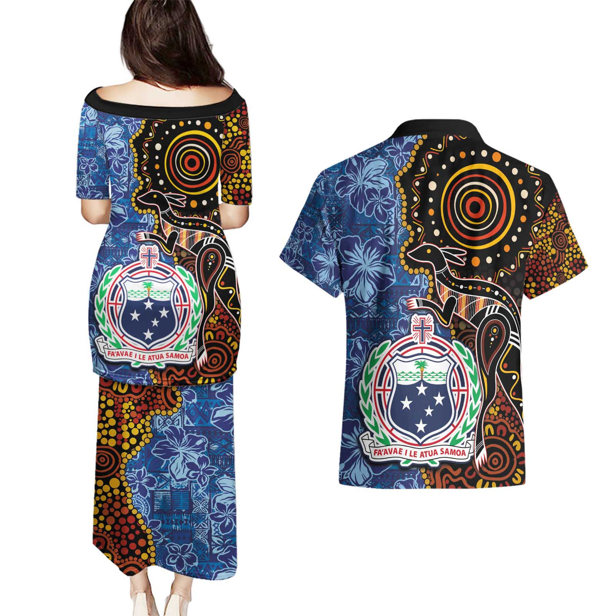 Samoa and Australia Together Couples Matching Puletasi and Hawaiian Shirt Kangaroo and Tribal Hibiscus Aboriginal Pattern LT03 - Polynesian Pride