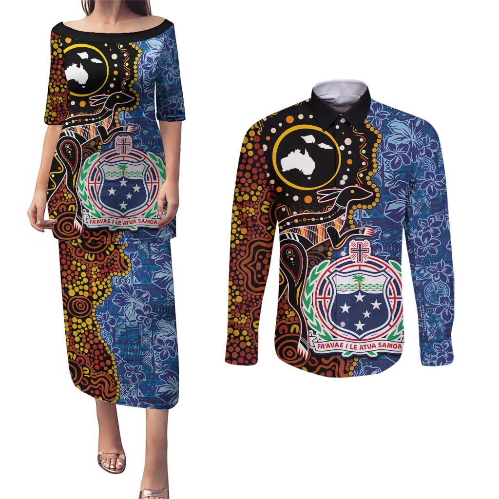 Samoa and Australia Together Couples Matching Puletasi and Long Sleeve Button Shirt Kangaroo and Tribal Hibiscus Aboriginal Pattern LT03 Blue - Polynesian Pride