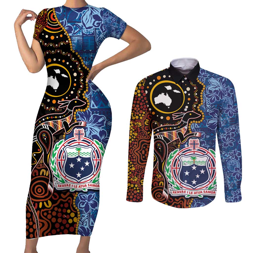 Samoa and Australia Together Couples Matching Short Sleeve Bodycon Dress and Long Sleeve Button Shirt Kangaroo and Tribal Hibiscus Aboriginal Pattern LT03 Blue - Polynesian Pride