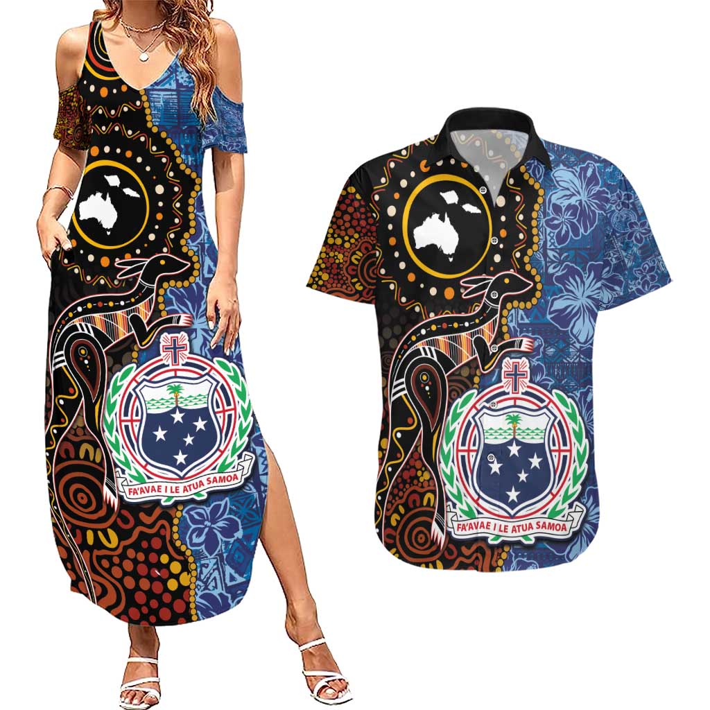 Samoa and Australia Together Couples Matching Summer Maxi Dress and Hawaiian Shirt Kangaroo and Tribal Hibiscus Aboriginal Pattern LT03 Blue - Polynesian Pride