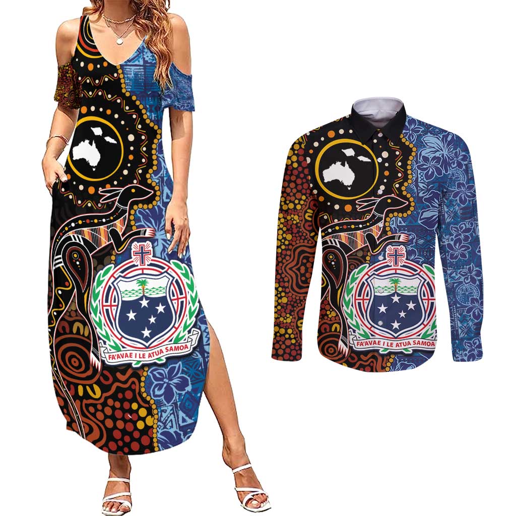 Samoa and Australia Together Couples Matching Summer Maxi Dress and Long Sleeve Button Shirt Kangaroo and Tribal Hibiscus Aboriginal Pattern LT03 Blue - Polynesian Pride